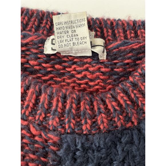 VTG SOH Chunky Sweater Men S Red Blue Cable Knit Cabincore Grandpa Handmade - Picture 3 of 8